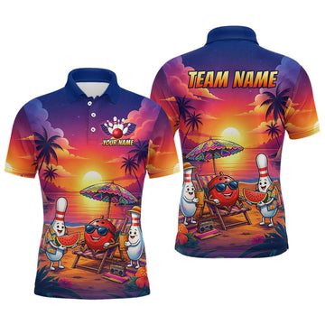 Maxcorners Funny Pins & Ball Sunset Custom Bowling Polo, 1/4 Zip Shirt for Men Bowling Team Shirts