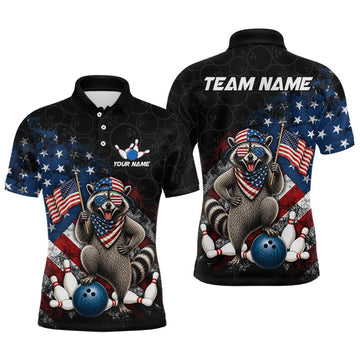 Maxcorners Custom Black US Flag Raccoon Bowling Shirt for Men Bowling Team Shirts Bowling League