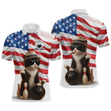 Maxcorners Custom US Flag Funny Cat Bowling Jersey for Men Bowling Uniform Bowling Team Shirts LM2509