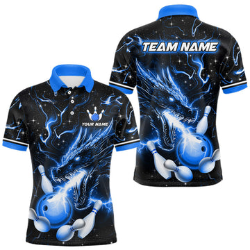 Maxcorners Blue Lightning Dragon Custom Bowling Shirts for Men Bowling Team Jersey Polo & 1/4 Zip