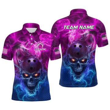 Maxcorners Custom Purple Smoke Skull US Flag Bowling Team Shirts Bowling Jersey for Men Bowling League LM2607
