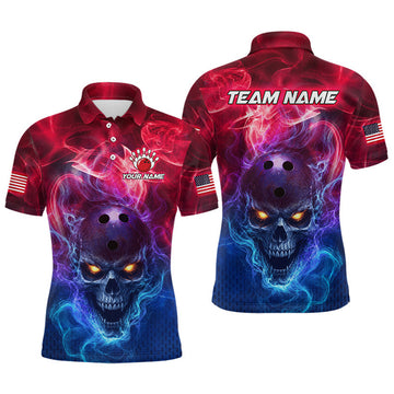 Maxcorners Custom Red Smoke Skull US Flag Bowling Team Shirts Bowling Jersey for Men Bowling League LM2607