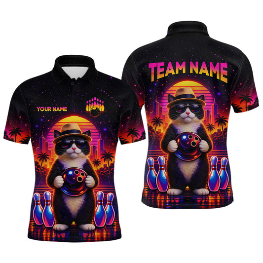 Maxcorners Custom Funny Neon Cat Bowling Jersey for Men Bowling Tournament Polo & 1/4 Zip Bowling Team Shirts