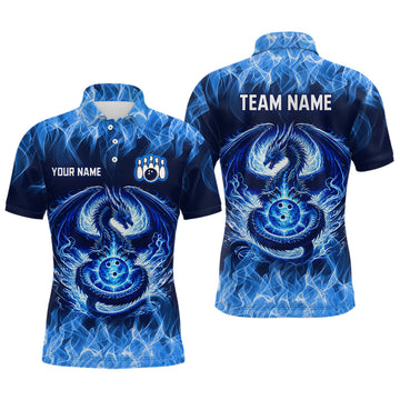 Maxcorners Custom Blue Dragon Flame Bowling Jersey for Men Bowling Team Shirts Bowling Polo & 1/4 Zip