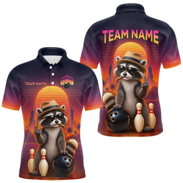 Maxcorners Funny Raccoon Retro Sunset Custom Bowling Jersey for Men Bowling Team Shirts Polo & 1/4 Zip LM0409