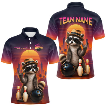 Maxcorners Custom Funny Raccoon Bowling Jersey for Men Retro Sunset Bowling Team Shirts Polo & 1/4 Zip LM0409