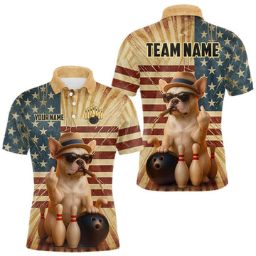 Maxcorners Funny BullDog Retro US Flag Custom Bowling Jersey for Men Bowling Team Shirts Polo & 1/4 Zip LM0409
