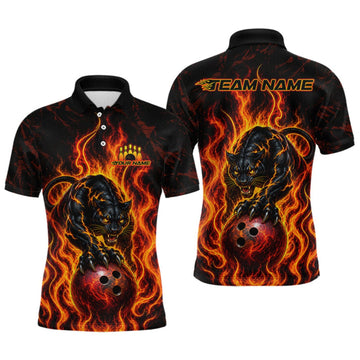 Maxcorners Custom Orange Flame Panther Bowling Team Shirts Bowling Jerseys for Men Polo & 1/4 Zip LM0409