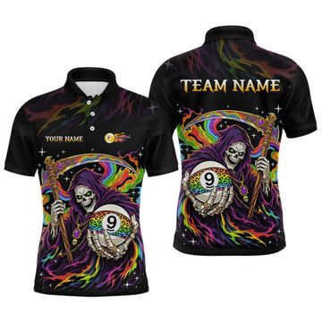 Maxcorners Custom Flame Rainbow Grim Reaper 9 Ball Billiard Shirts for Men Billiard Team Jerseys LM0409
