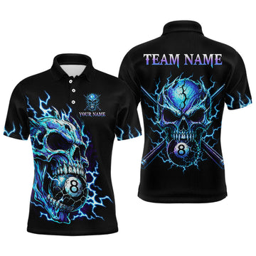 Maxcorners Custom Blue Flame Skull 8 Ball Cracked Billiard Shirt For Men