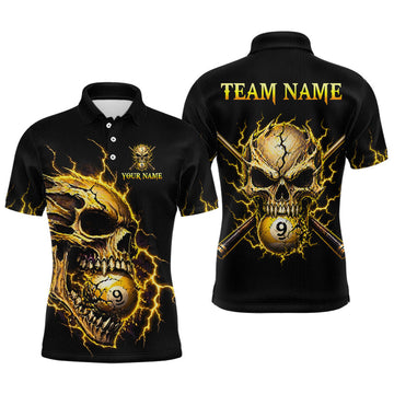 Maxcorners Custom Yellow Flame Skull 9 Ball Cracked Billiard Shirt for Men Billiard Team Jersey LM1705