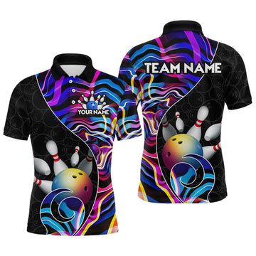 Maxcorners Custom Blue Neon Wave Bowling Team Shirts, Strike Bowling Shirts For Men Bowling Jersey
