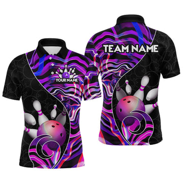 Maxcorners Custom Purple Neon Wave Bowling Team Shirts, Strike Bowling Shirts For Men Bowling Jersey