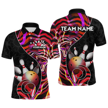 Maxcorners Custom Red Neon Wave Bowling Team Shirts, Strike Bowling Shirts For Men Bowling Jersey