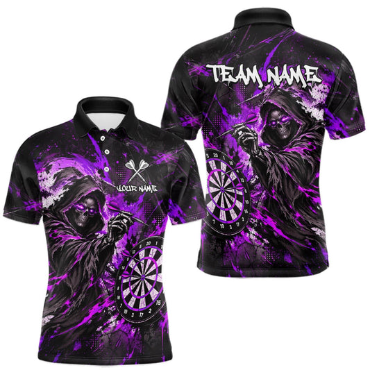 Maxcorners Custom Purple Grim Reaper Flame Dart Shirts for Men Dart Team Jerseys Dartboard Outfit LM0510