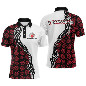 Maxcorners Custom Red Rose Flowers Bowling Jersey for Men Polo & 1/4 Zip Bowling Team Shirts