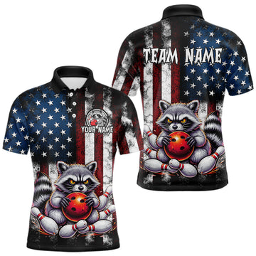 Maxcorners Custom American Flag Raccoon Bowling Team Shirts for Men Bowling League Shirts Polo & 1/4 Zip