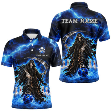 Maxcorners Custom Black and Blue Flame Grim Reaper Bowling Team Shirts for Men Bowling Tournament