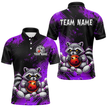 Maxcorners Purple Funny Raccoon Custom Bowling Jersey for Men Bowling Team Shirts Bowling Polo & 1/4 Zip