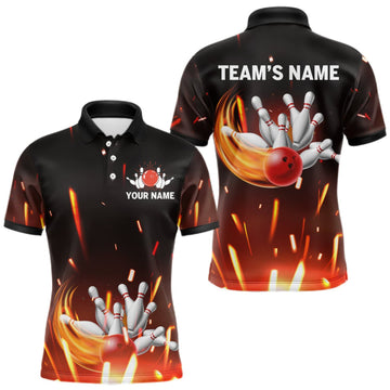 Maxcorners Custom Orange Flame Bowling Jersey for Men Bowling Team Shirts Polo & 1/4 Zip Bowling League LM1508