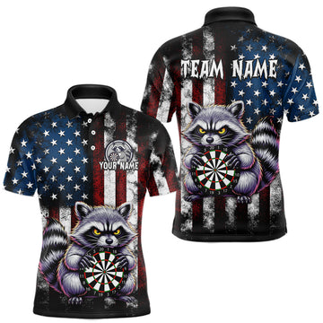 Maxcorners Custom Funny Raccoon American Flag Dart Shirts for Men Darts Team Jersey Dart League Shirt