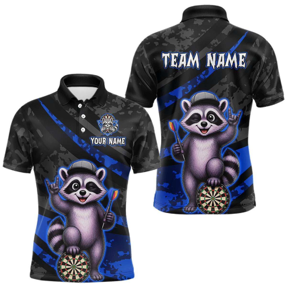 Maxcorners Custom Blue Raccoon Darts Shirt for Men Darts Team Jerseys Dart Uniform Polo & 1/4 Zip