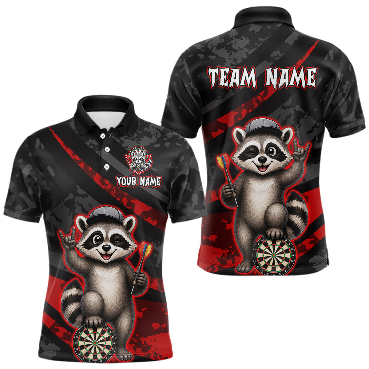 Maxcorners Custom Red Raccoon Darts Shirt for Men Darts Team Jerseys Dart Uniform Polo & 1/4 Zip