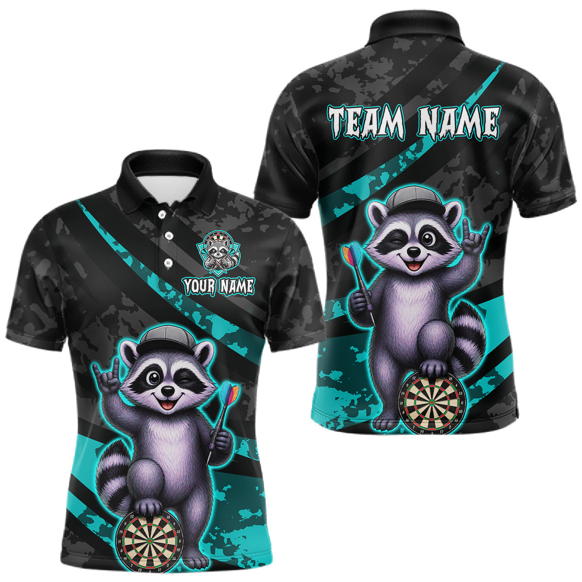 Maxcorners Custom Turquoise Raccoon Darts Shirt for Men Darts Team Jerseys Dart Uniform Polo & 1/4 Zip