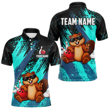 Maxcorners Custom Turquoise Funny Beaver Bowling Team Jersey Bowling Shirts for Men Bowling League