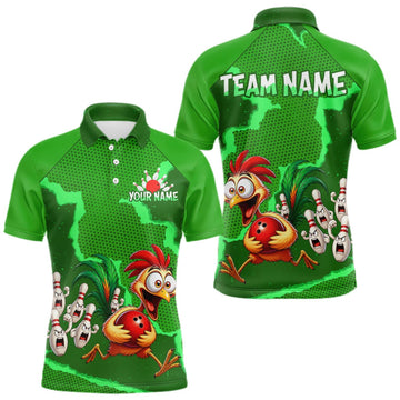 Maxcorners Green Funny Chicken Bowling Team Shirt For Men, Rooster Bowling Jerseys Polo & 1/4 Zip LM0409