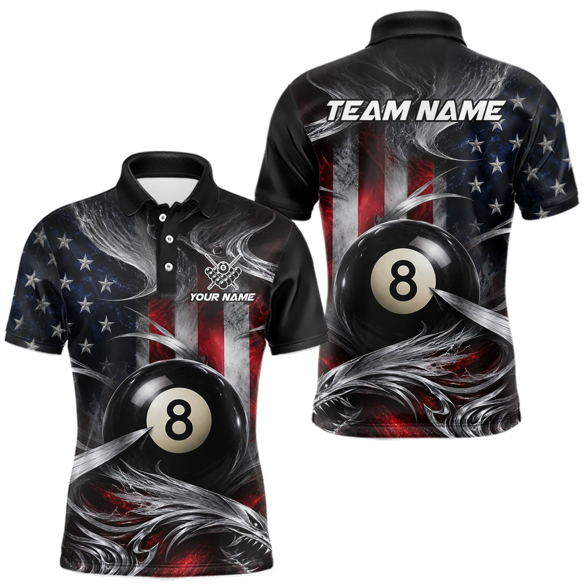 Maxcorners Custom Silver Smoke American Flag 8 Ball Billiard Team Shirts Billiard Jersey for Men