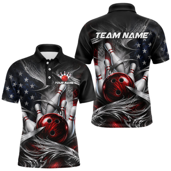 Maxcorners Custom Silver Smoke American Flag Bowling Team Shirts Bowling Jersey for Men Bowling League