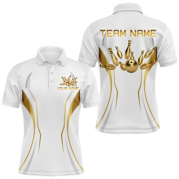 Maxcorners White and Gold Custom Bowling Shirts for Men Bowling Team Jersey for Bowlers Polo & 1/4 Zip