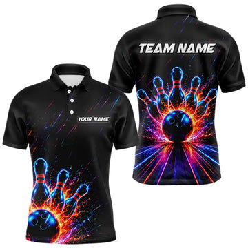 Maxcorners Fire and Neon Strike Bowling Shirts for Men Custom Bowling Team Jersey Polo & 1/4 Zip