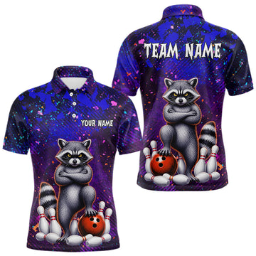 Maxcorners Funny Raccoon Bowling Team Shirts for Men Custom Bowling Gifts for Bowler Polo & 1/4 Zip