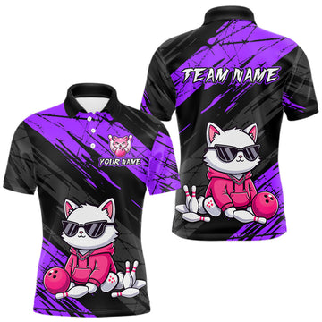 Maxcorners Custom Funny Purple Cat Bowling Jersey for Men Bowling Team Shirts Bowling Polo & 1/4 Zip LM2603