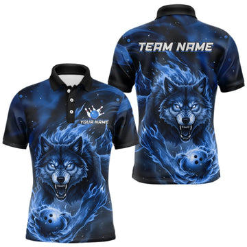 Maxcorners Custom Blue Flame Wolf Bowling Jersey for Men Bowling Team Shirts for Bowler Polo & 1/4 Zip LM0409