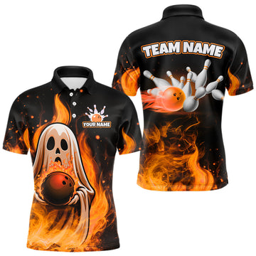 Maxcorners Custom Orange Funny Ghost Halloween Bowling Jersey for Men Polo & 1/4 Zip Bowling Team Shirts