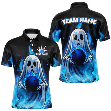 Maxcorners Custom Blue Flame Ghost Bowling Team Shirts, Bowling Shirts For Men Bowling Jersey