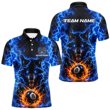 Maxcorners Custom Blue Flame Wolf 8 Ball Billiard Shirts for Men Billiard Team Jerseys Billiard League