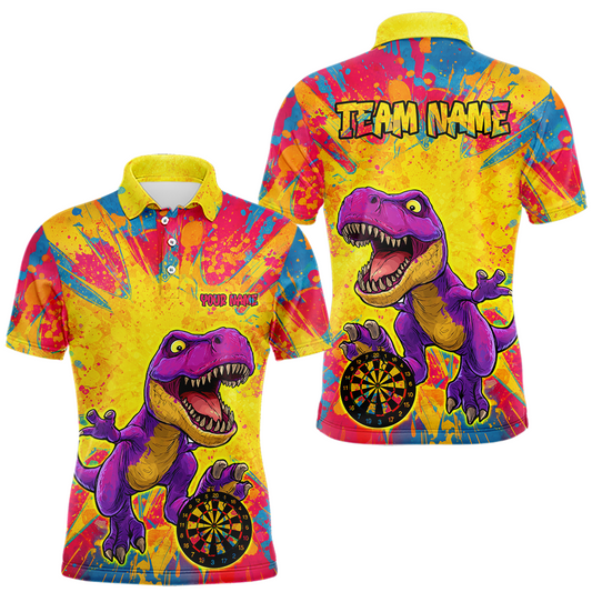 Maxcorners Custom Colorful Dinosaur Darts Shirt for Men Darts Team Jerseys Dart League Polo & 1/4 Zip LM0607