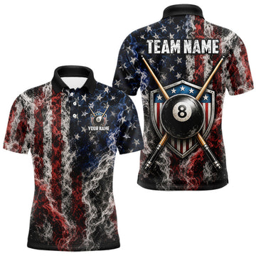 Maxcorners Custom Grunge Smoke US Flag 8 Ball Billiard Shirts for Men Billiard Team Jerseys Billiard League