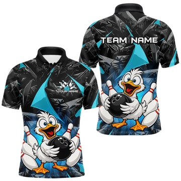 Maxcorners Custom Turquoise Funny Duck Bowling Jersey for Men Bowling League Bowling Team Shirts Polo & 1/4 Zip