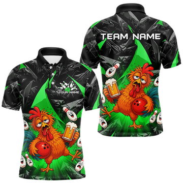 Maxcorners Custom Green Funny Chicken Drunk Bowling Jersey for Men Funny Beer Bowling Team Shirts