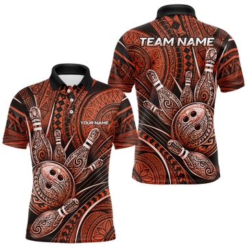 Maxcorners Custom Orange Polynesian Tribal Bowling Jersey for Men Bowling Team Shirts Bowling League LM1307