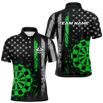 Maxcorners Custom Green US Flag Darts Shirt for Men Darts Team Jerseys Dart Tourament Polo & 1/4 Zip