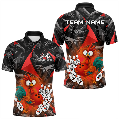 Maxcorners Custom Red Funny Chicken Bowling Jersey for Men Bowling Team Shirts Polo & 1/4 Zip TU0411