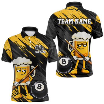 Maxcorners Custom Funny Yellow Beer 8 Ball Pool Men Billiard Polo & 1/4 Zip, Billiard Shirt, Billiard Team Jerseys LM2602