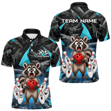 Maxcorners Custom Turquoise Funny Raccoon Bowling Team Shirts Bowling Jersey for Men Polo & 1/4 Zip LM2709