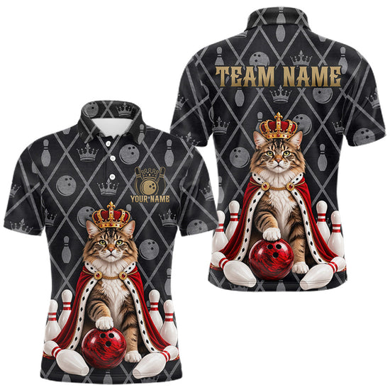 Maxcorners Custom Funny King Cat Bowling Jersey for Men Polo & 1/4 Zip Bowling Team Shirts for Bowler